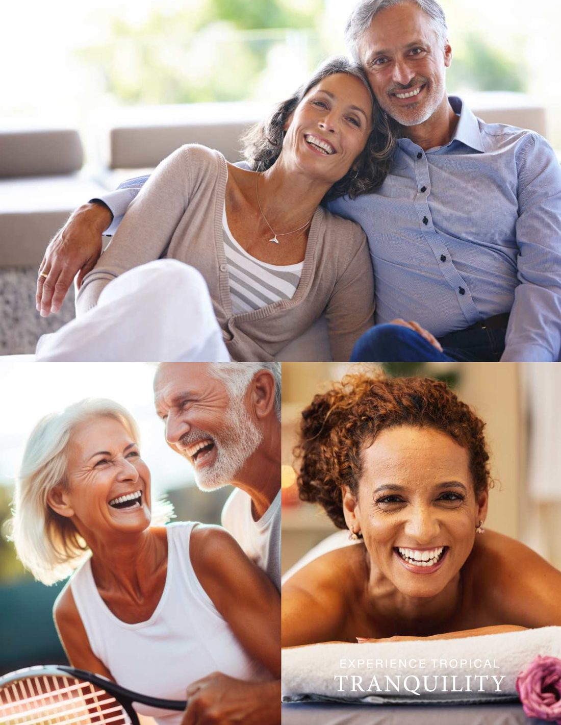 Adventure Hideaway collage: a smiling couple, a couple laughing with a tennis racquet, and a woman at the spa, captioned Experience Tropical Tranquility