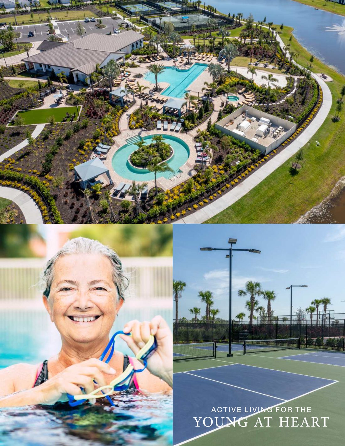 Adventure Retreat collage: aerial view of the clubhouse, pools, and racquet courts, a smiling swimmer, and pickleball courts, captioned Active Living for the Young at Heart