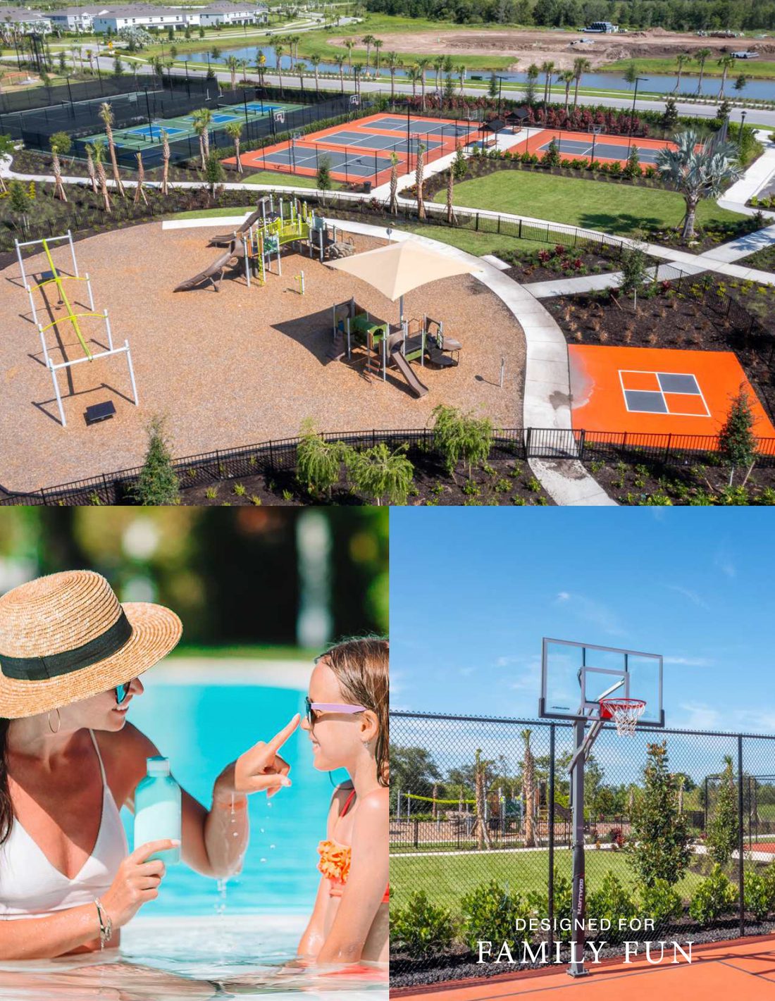 Junction Place collage: aerial view of the playground and sports courts, a mother and daughter in the pool, and a basketball court, captioned Designed for Family Fun