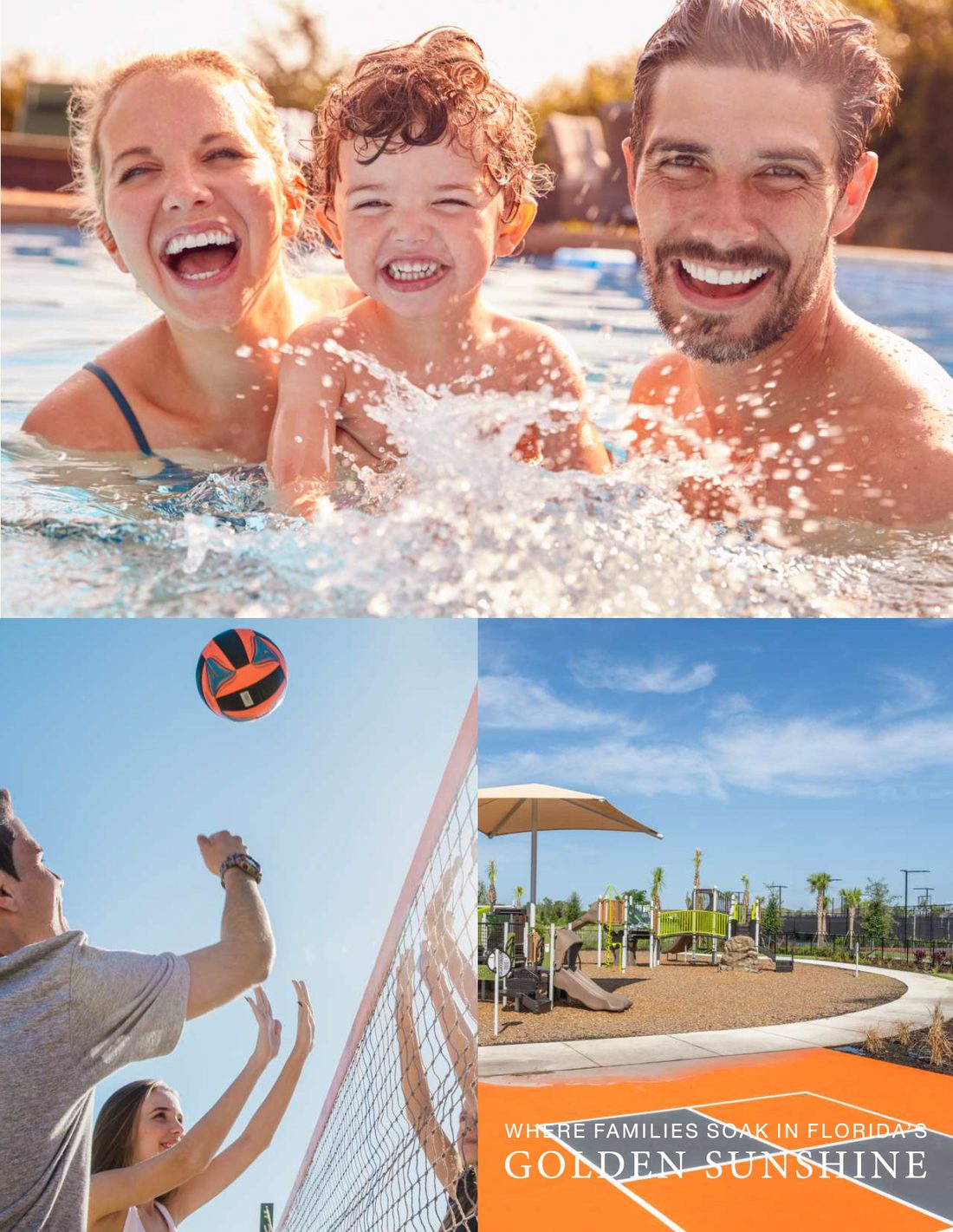 Junction Station collage: a family splashing in a pool, a volleyball game, and a playground, captioned Where Families Soak in Florida's Golden Sunshine