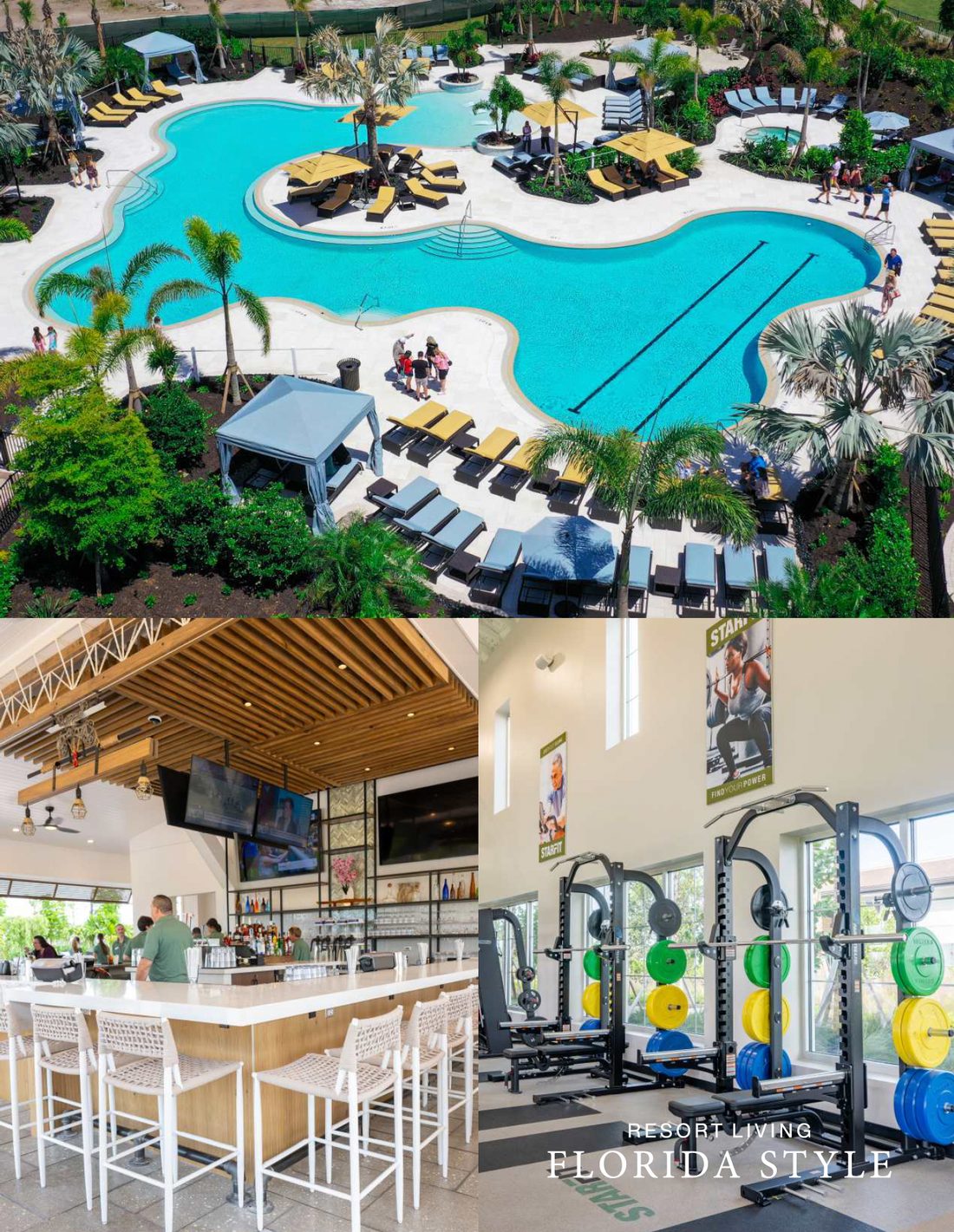 Resort Club collage: aerial view of the resort pool and cabanas, the poolside bar, and the Star Fit fitness center, captioned Resort Living Florida Style