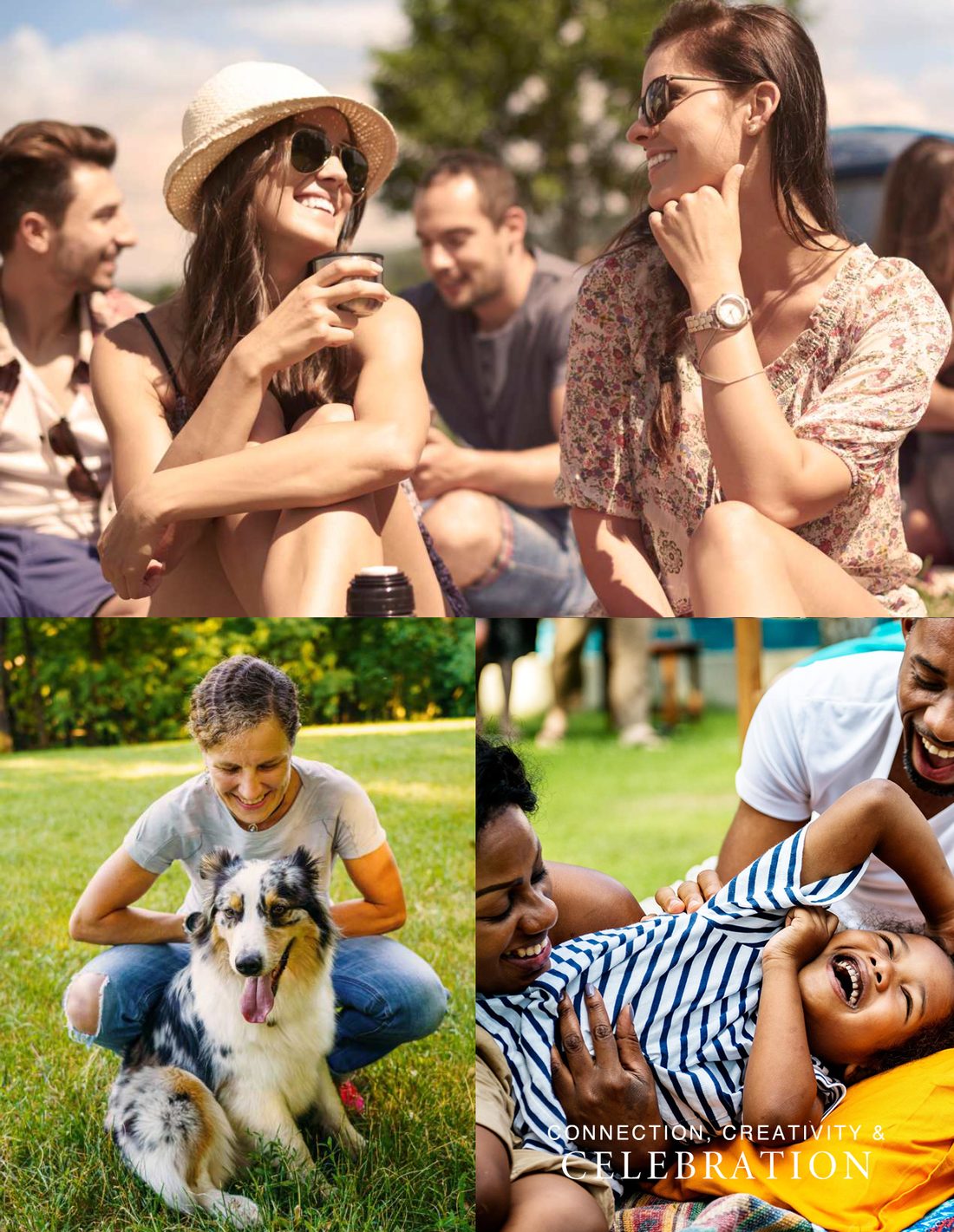 Taylor Park collage: friends relaxing on a lawn, a woman with her dog, and a family laughing together, captioned Connection, Creativity and Celebration
