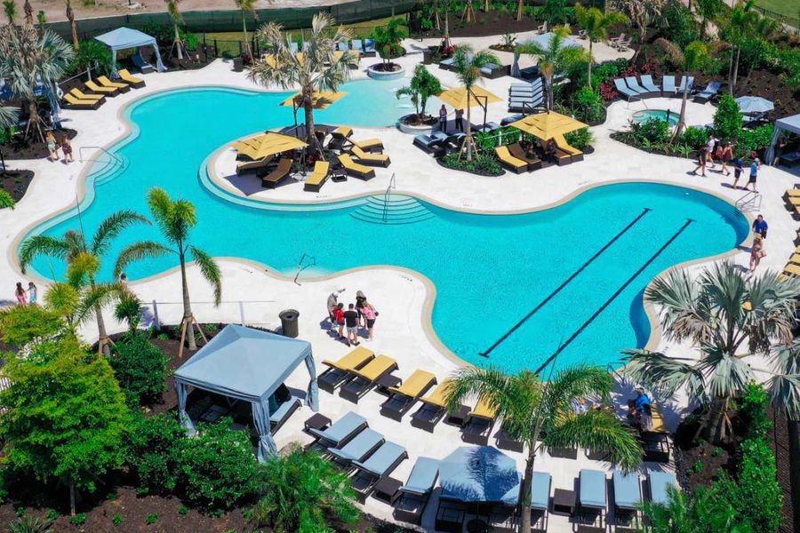 Aerial view of the resort pool and cabanas at The Resort Club, Star Farms