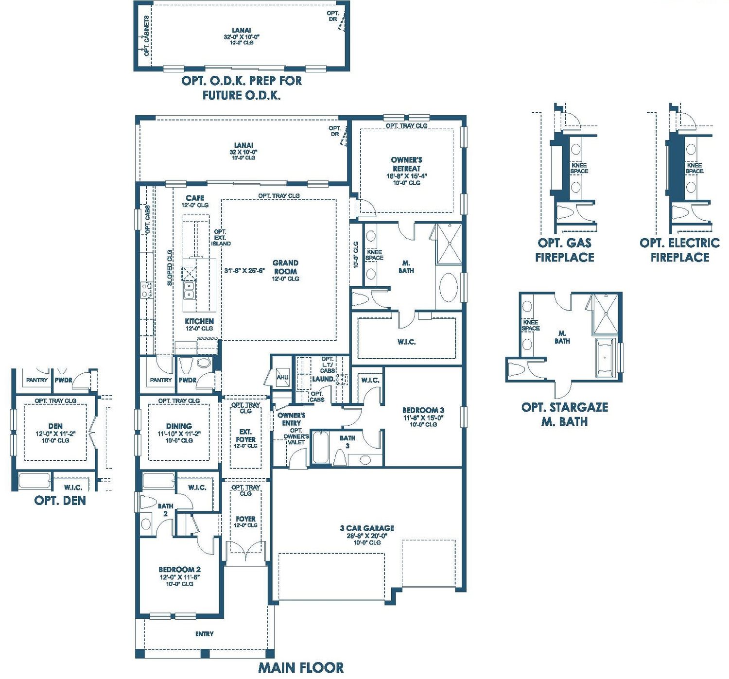 Floor plan drawing of the Bayport I, showing the main floor and optional layouts