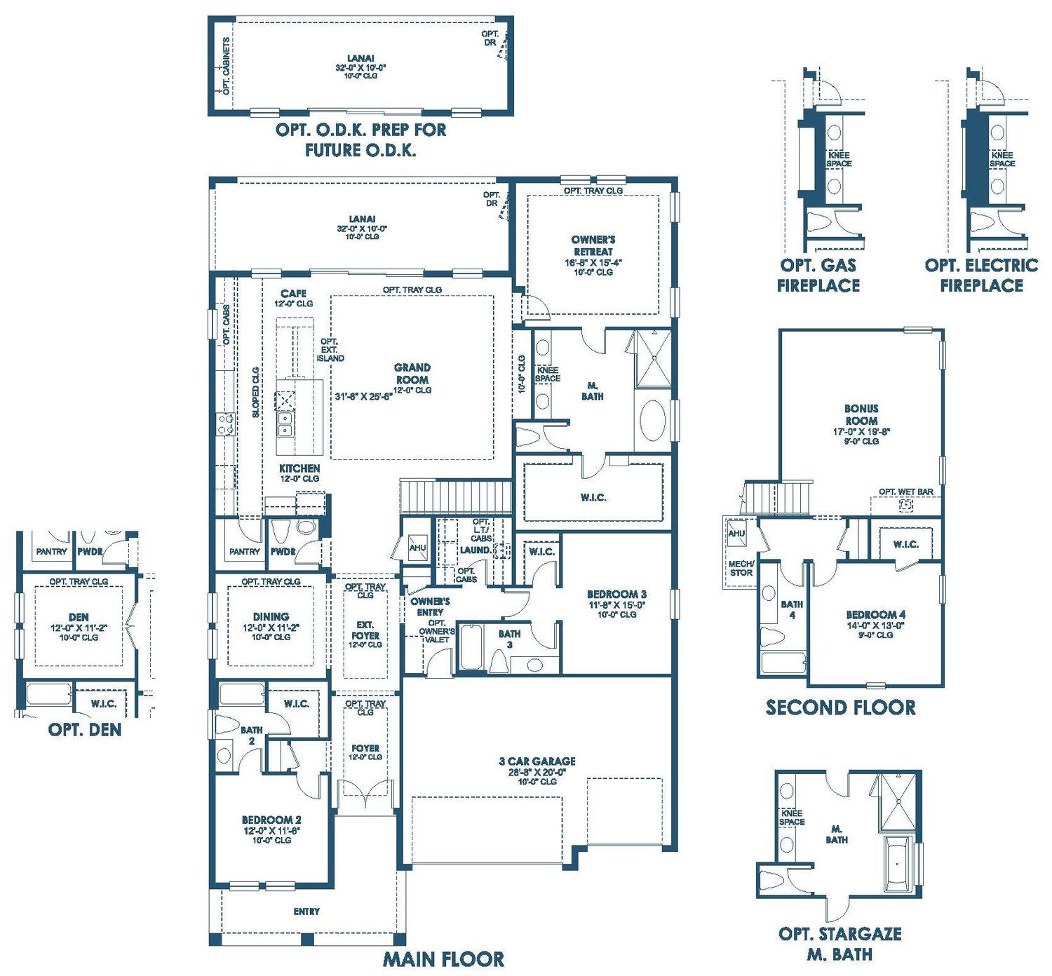 Floor plan drawing of the Bayport II, showing the main floor and optional layouts