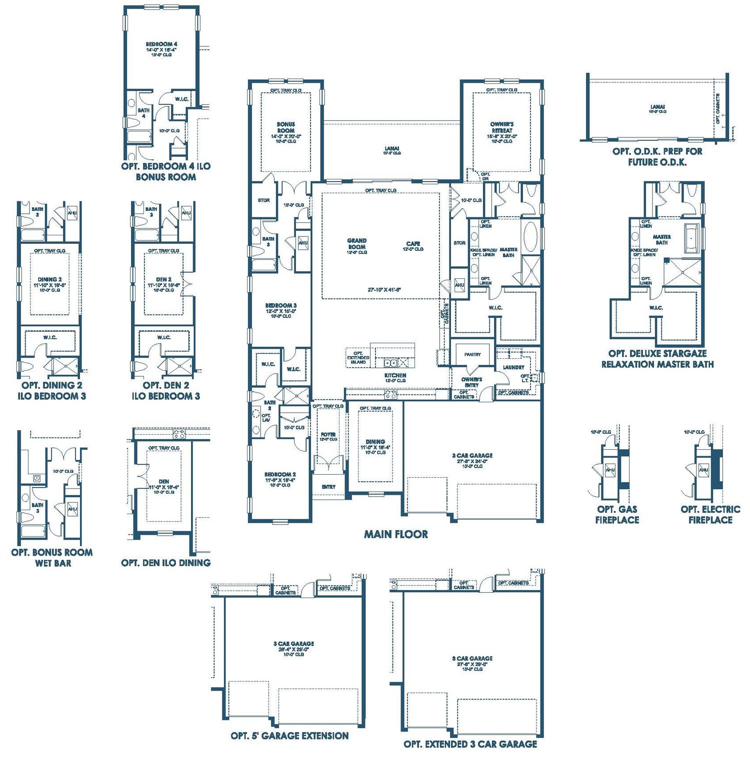 Floor plan drawing of the Cedar Key Grande I, showing the main floor and optional layouts
