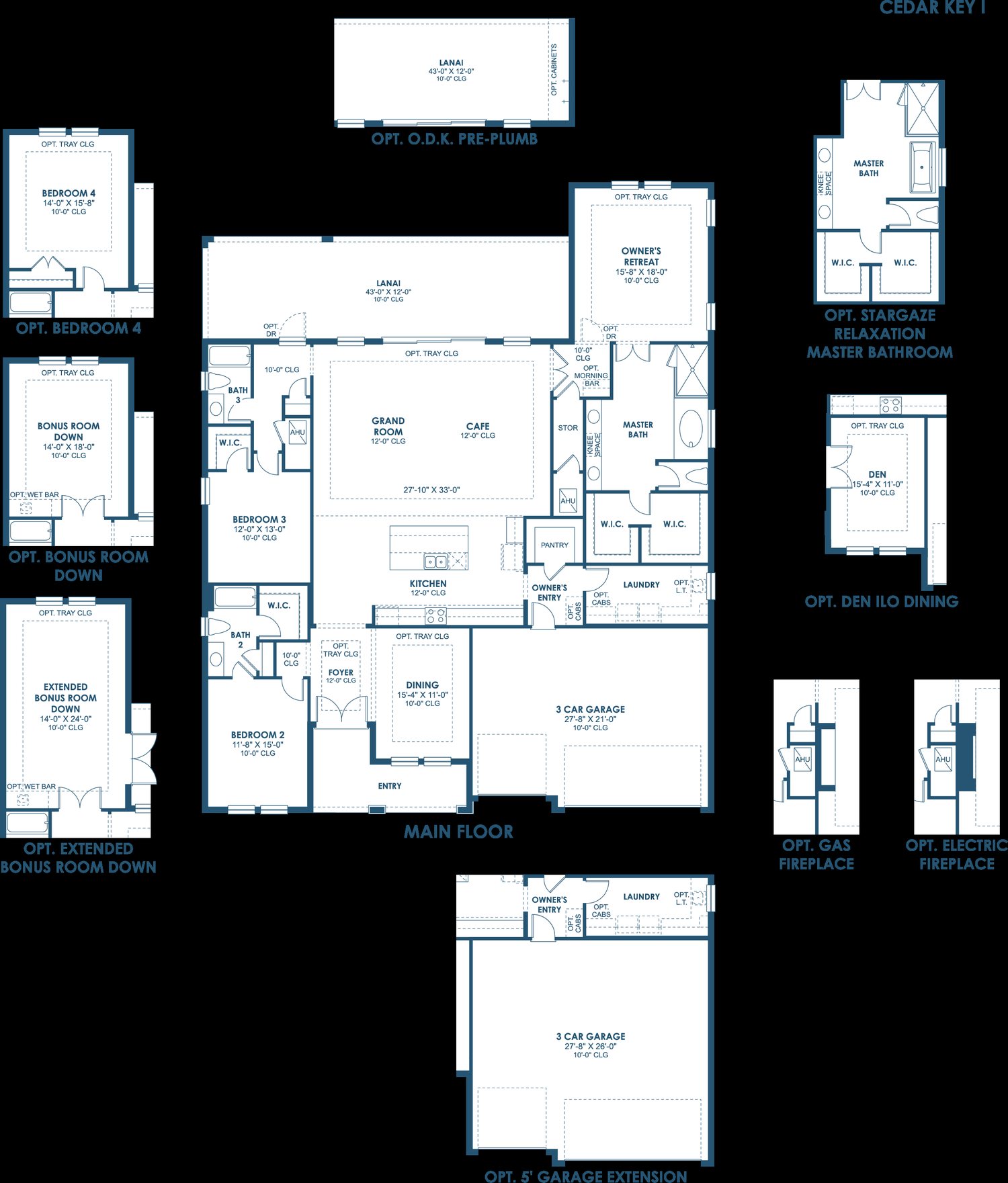 Floor plan drawing of the Cedar Key I, showing the main floor and optional layouts