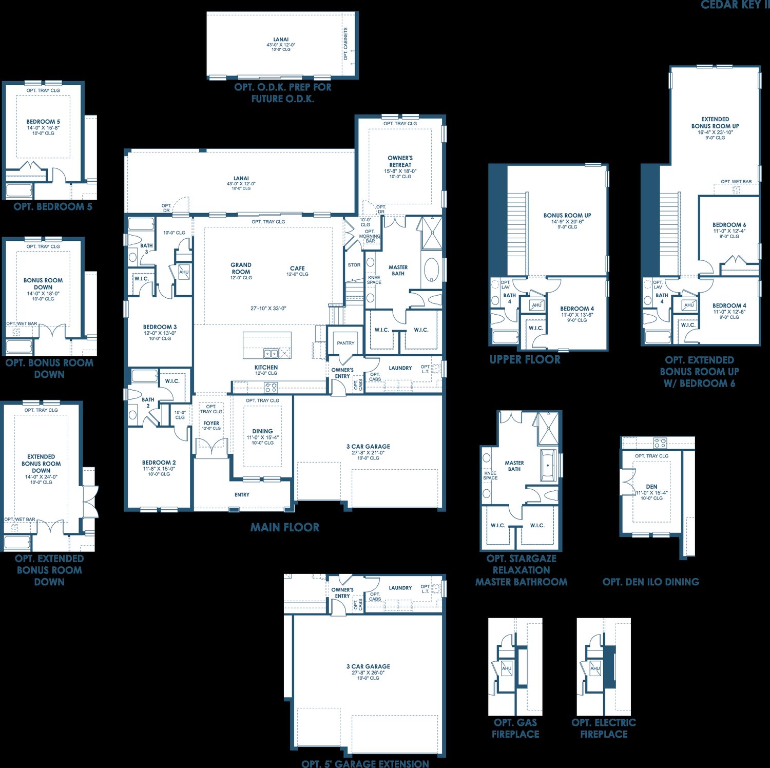 Floor plan drawing of the Cedar Key II, showing the main floor and optional layouts
