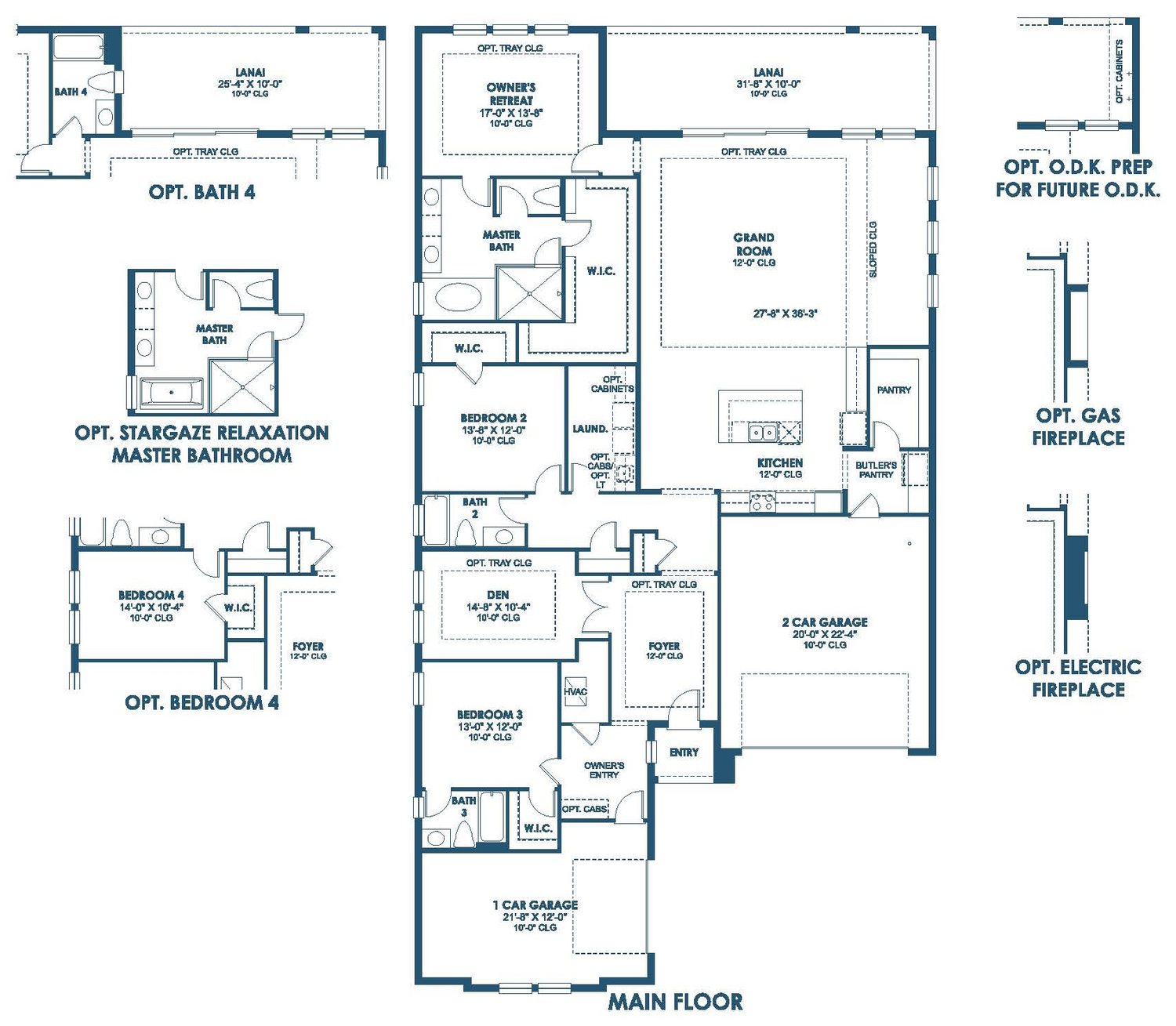 Floor plan drawing of the Gasparilla I, showing the main floor and optional layouts