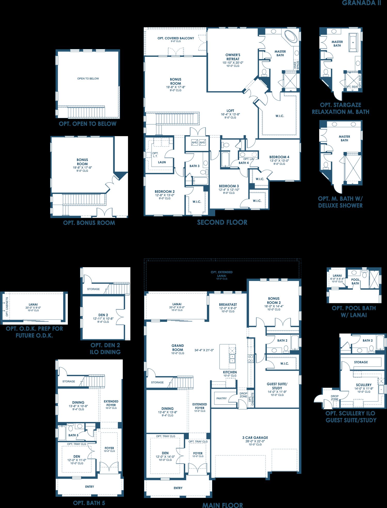 Floor plan drawing of the Granada II, showing the main floor and optional layouts
