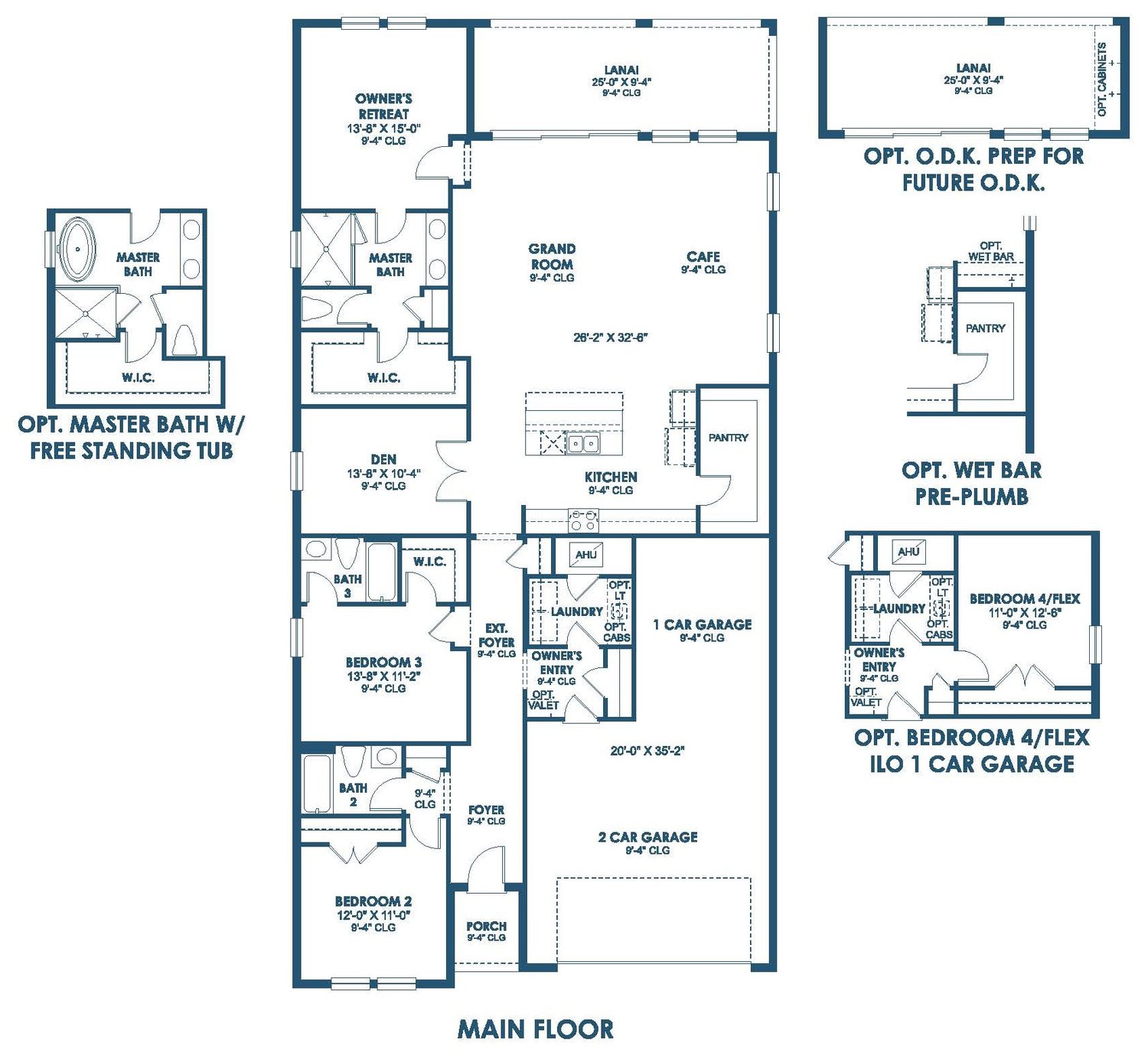 Floor plan drawing of the Heron II, showing the main floor and optional layouts