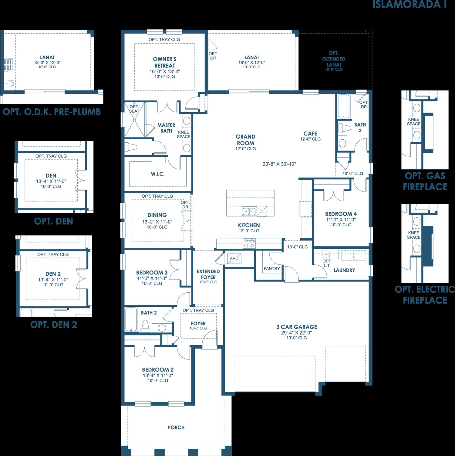 Floor plan drawing of the Islamorada I, showing the main floor and optional layouts