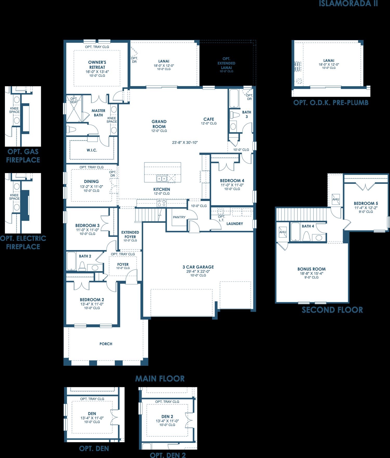 Floor plan drawing of the Islamorada II, showing the main floor and optional layouts