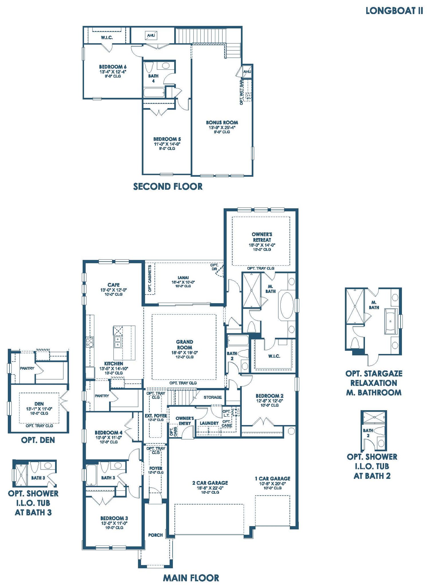 Floor plan drawing of the Longboat II, showing the main floor and optional layouts