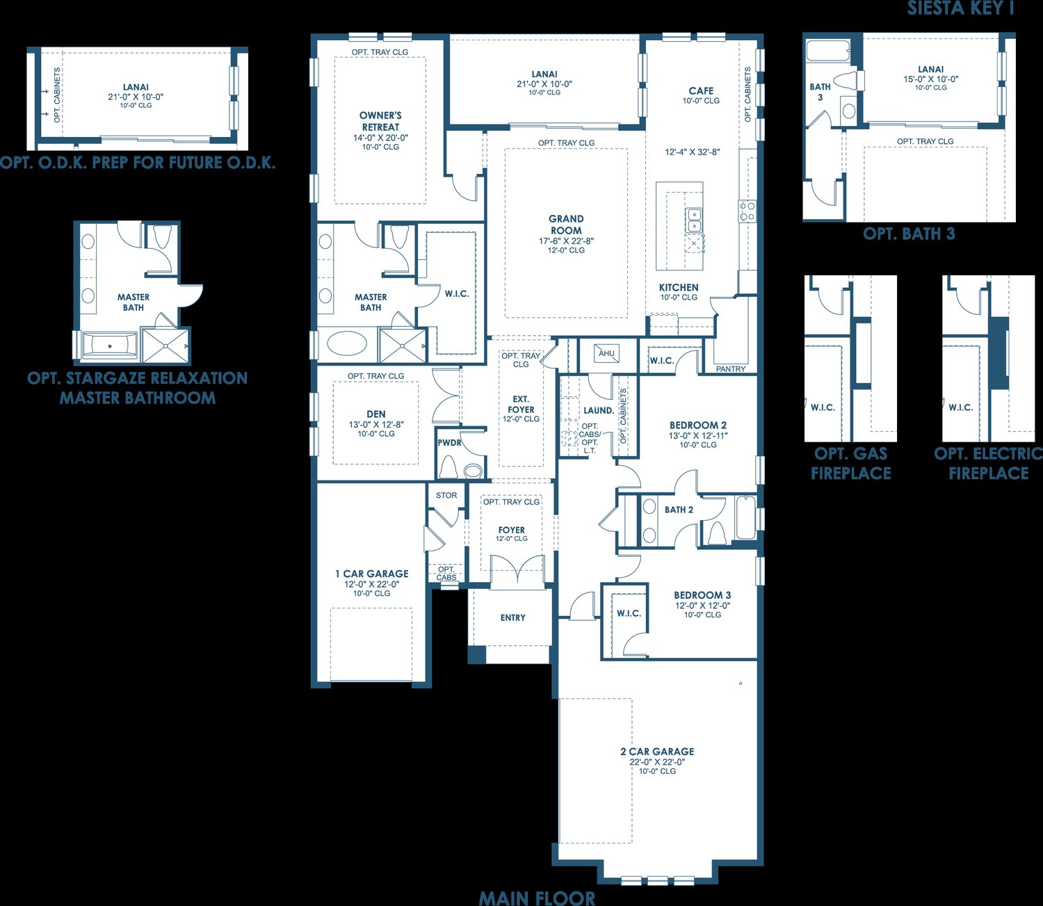 Floor plan drawing of the Siesta Key I, showing the main floor and optional layouts