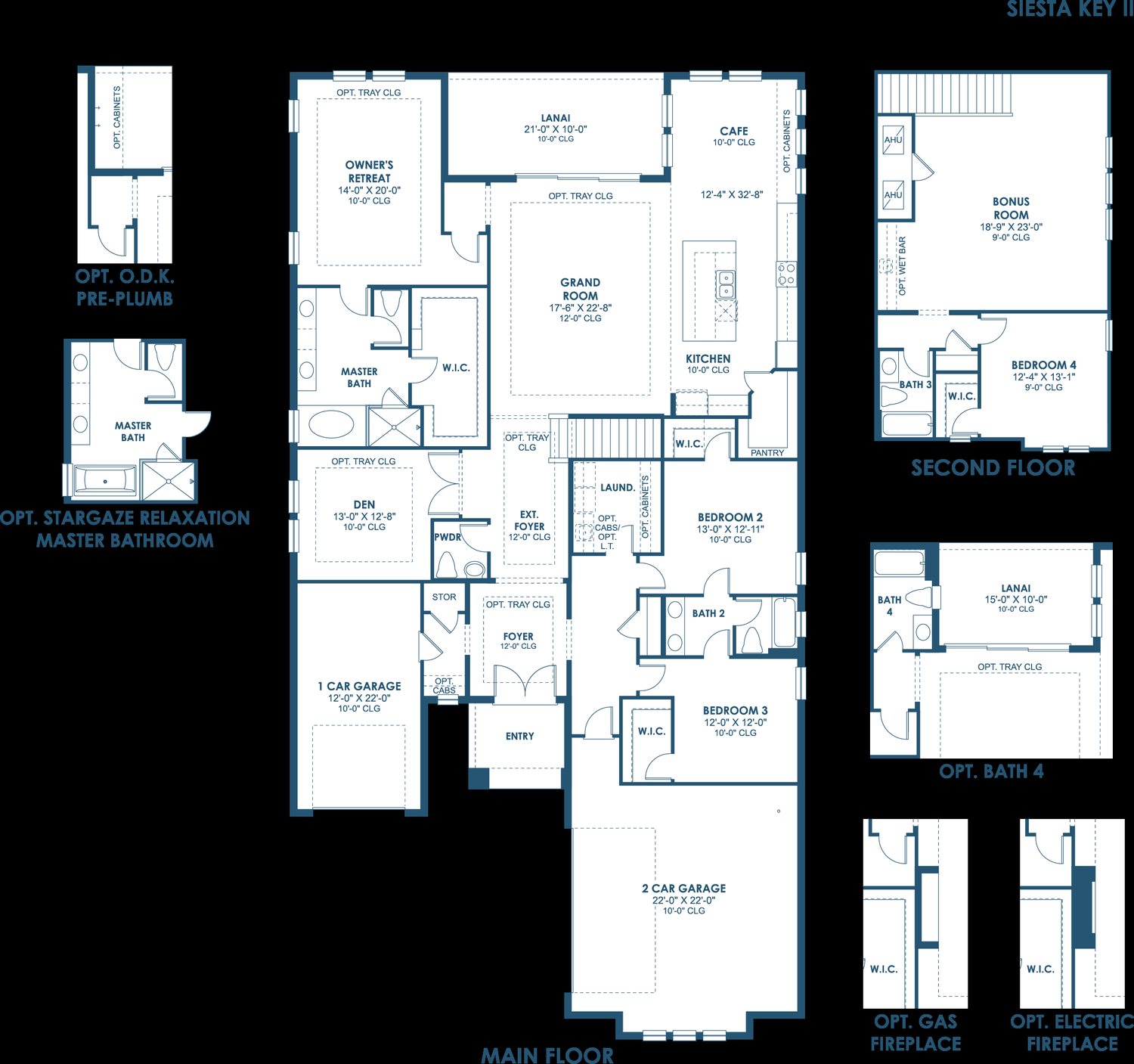 Floor plan drawing of the Siesta Key II, showing the main floor and optional layouts